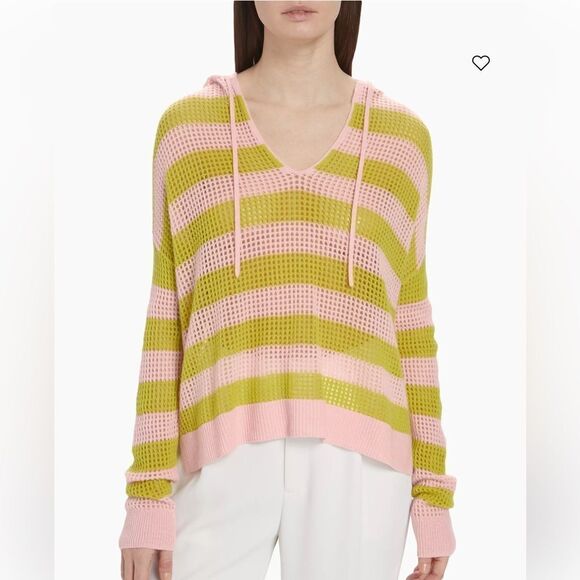 NWT ATM Anthony Thomas Melillo Striped Cashmere Mesh Knit Hoodie Pink Moss Small - Picture 1 of 15
